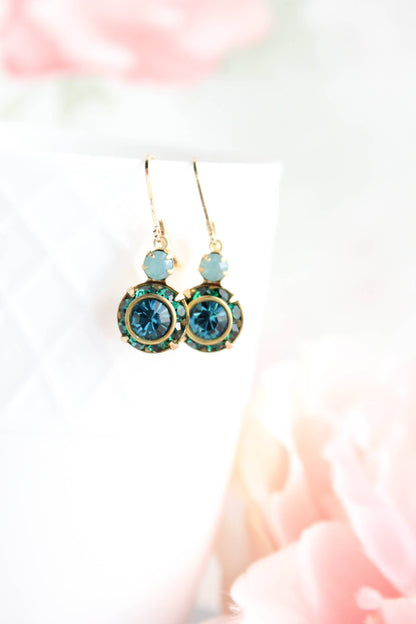 Art Deco Floral Earrings | Dark Teal & Emerald Green Glass - 301