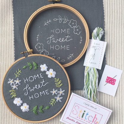 Home Sweet Home Embroidery Kit: Beige with Blue Flowers