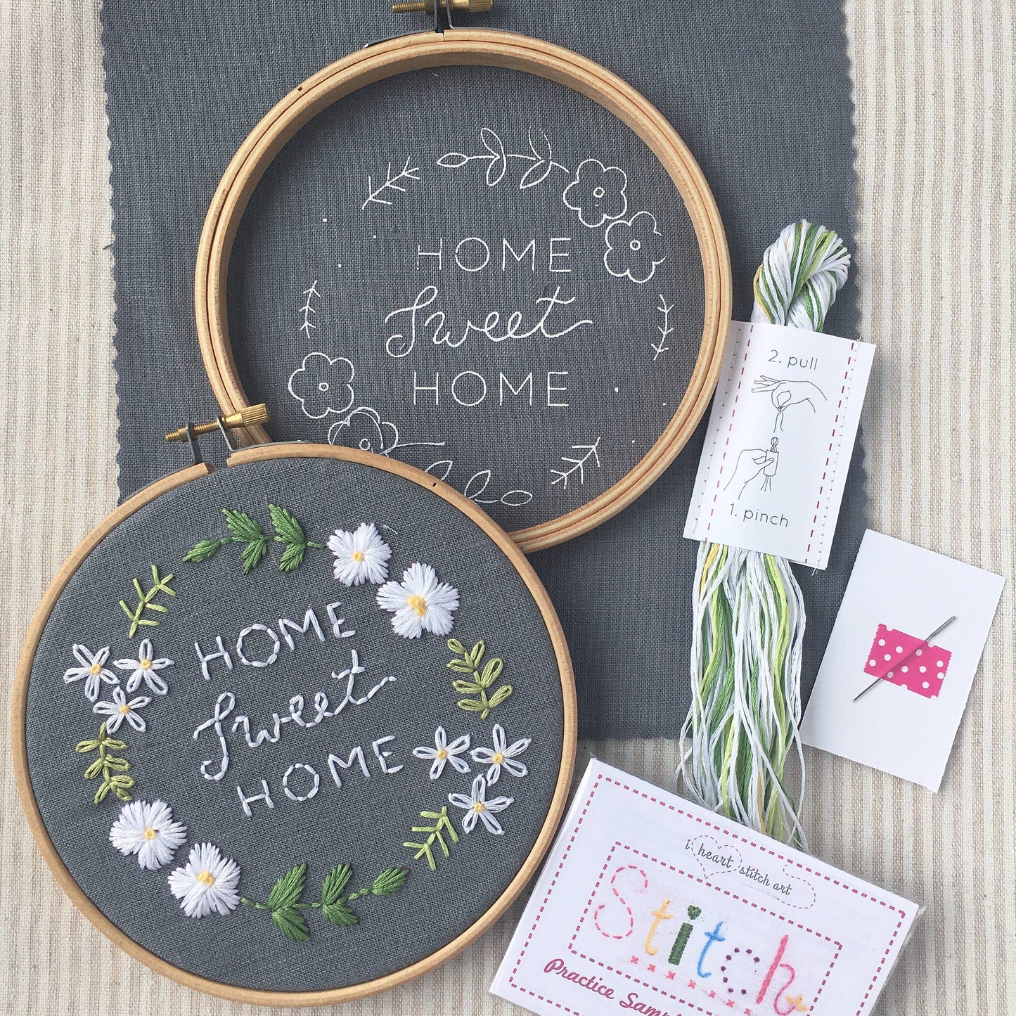 Home Sweet Home Embroidery Kit | Grey with White Flowers
