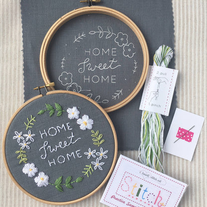 Home Sweet Home Embroidery Kit | Grey with White Flowers
