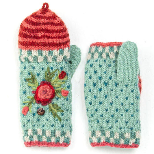 Aubrey Floral Embroidered Wool Flip Mittens | Handwarmer: Aqua