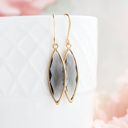 Glass Marquis Drop Earrings - Smoke Grey/Gold - 221