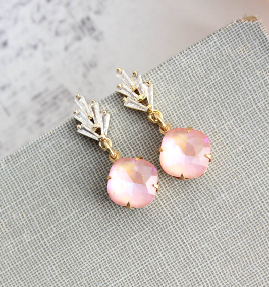 Art Deco Glass Leaf Post Earrings | Pastel Pink Glass Jewel - 289