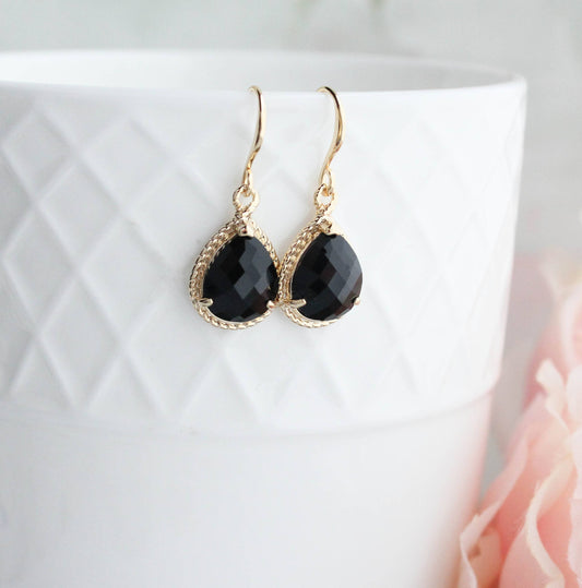 Black Onyx Glass Teardrop Earrings | Gold Rope Setting - 106