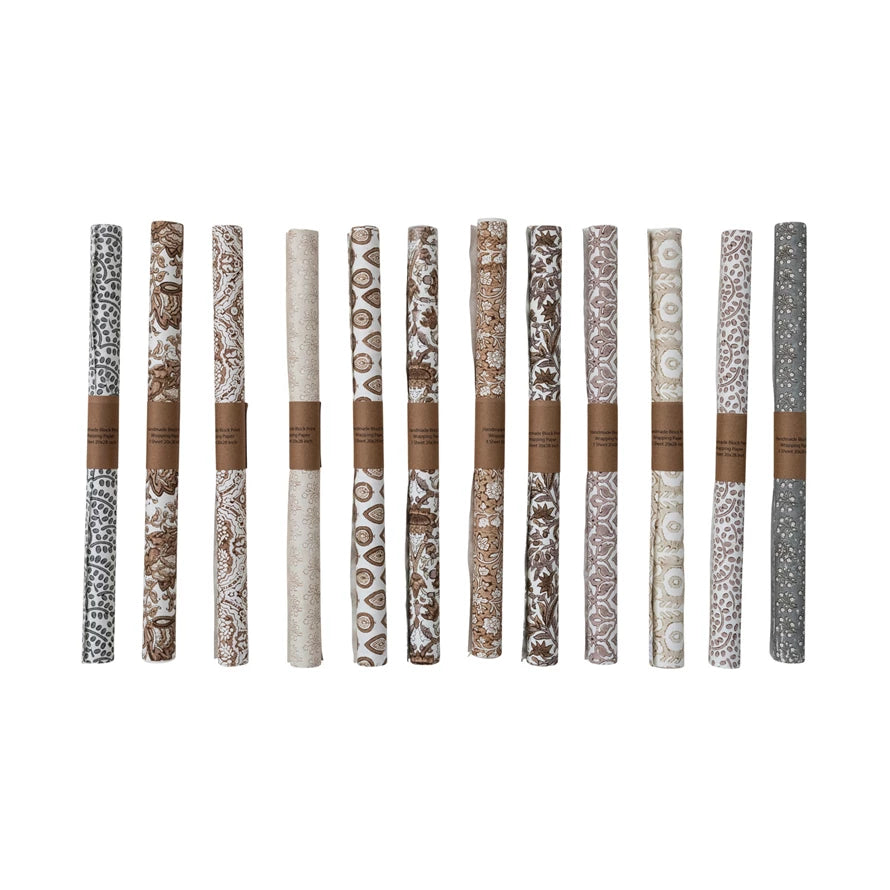 Handmade Block Print Recycled Gift Wrapping Paper (3 Sheets Per Roll)